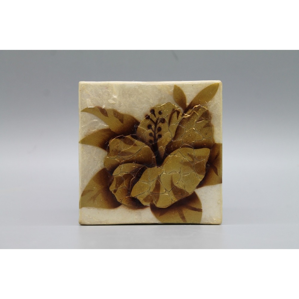 Vintage Capiz Shell Trinket Box Hibiscus Flower Gold Brown Square Jewelry Box